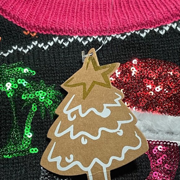 Merry Christmas By Poof  Flamingo Festive Sweater Women S Black With Pink Trim - Picture 7 of 8